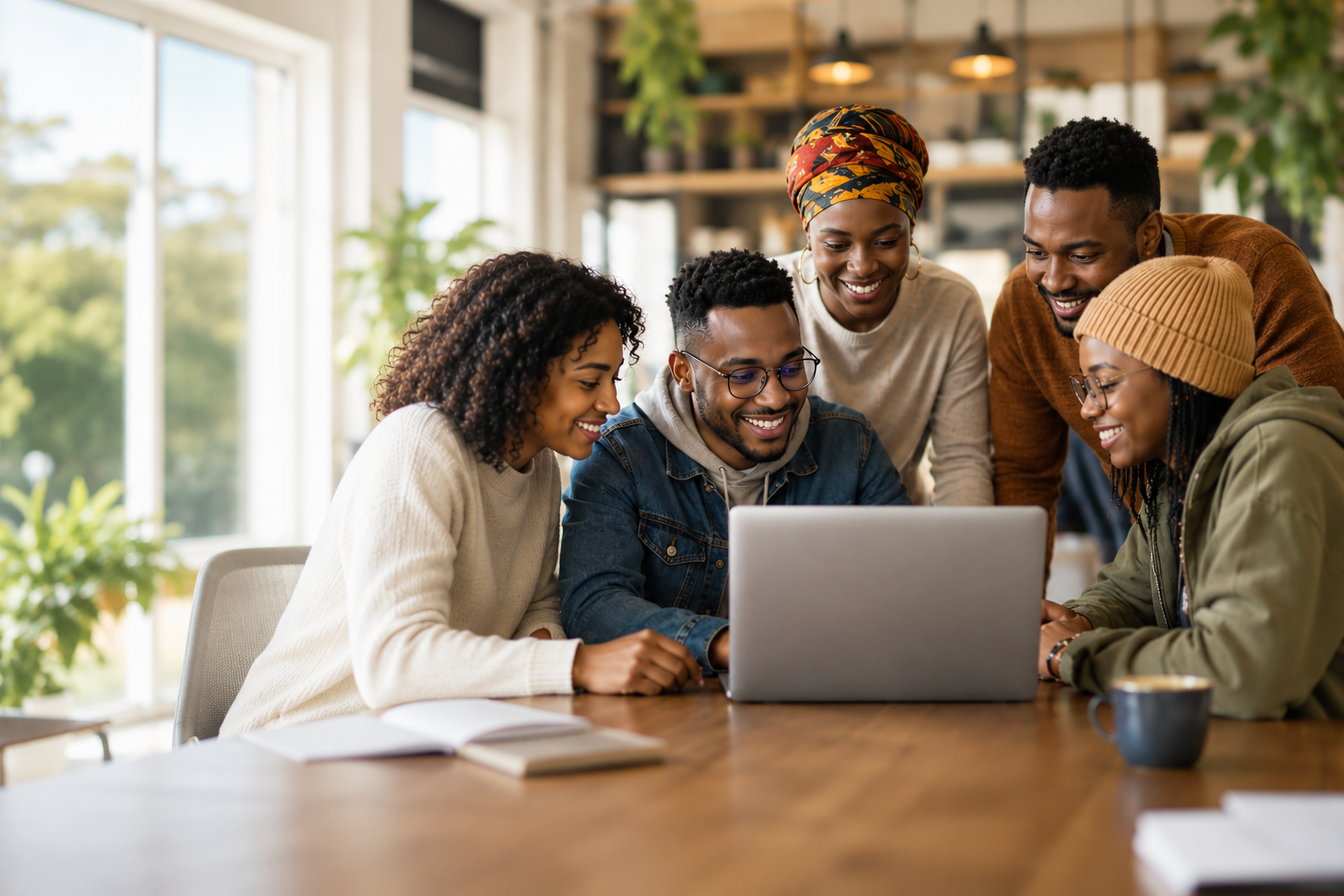 Young African professionals collaborating around a laptop
